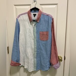 J.Crew Linen Patchwork Long Sleeve Button Down Mens Casual Shirt Size Large
